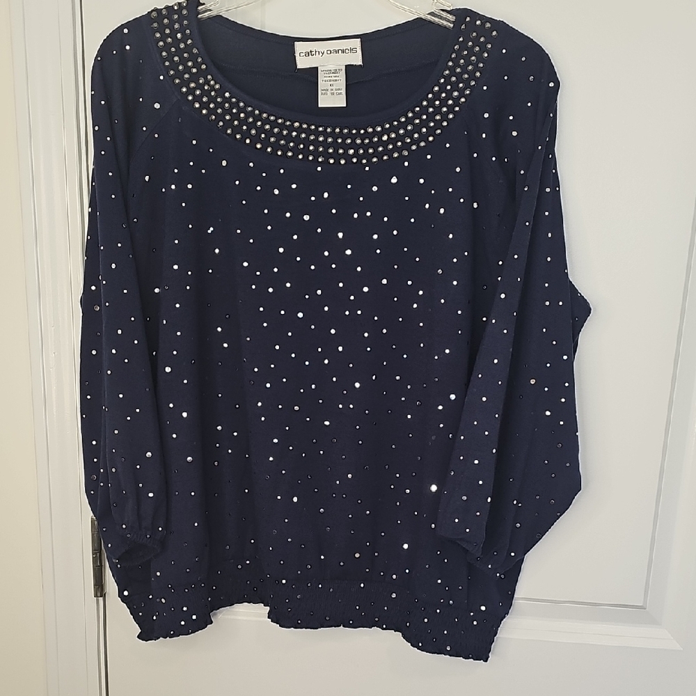 Cathy‎ Daniels Dark Blue Studded Blouse Size